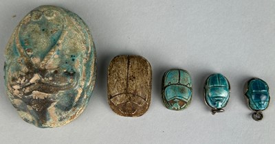 Lot 265 - A COLLECTION OF FIVE EGYPTIAN SCARAB BEETLES...