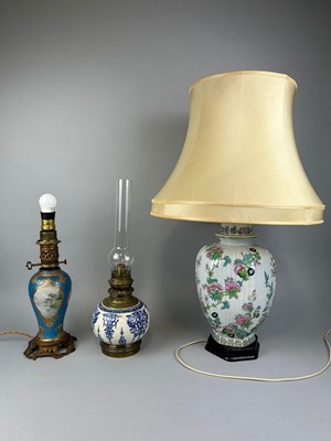 Lot 443 - A SEVRES STYLE LAMP ALONG WITH AN ANTIQUE OIL LAMP AND A CHINESE LAMP