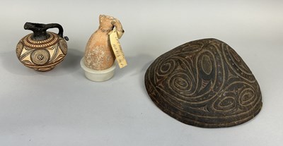 Lot 309 - AN ANCIENT ROMAN VASE ALONG WITH AN ANCIENT BOWL AND A MUSEUM REPLICA VASE (3)