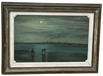 Lot 415 - AN OIL PAINTING ON BOARD DEPICTING HORSES BESIDE WATER WITH AN INDUSTRIAL CITY IN THE BACKGROUND