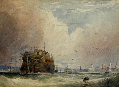 Lot 381 - A 19TH CENTURY WATERCOLOUR OF SHIPS ON CHOPPY...