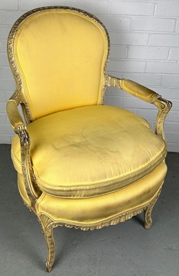 Lot 479 - A FRENCH LOUIS XVI STYLE FAUTEUIL WITH YELLOW...