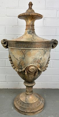 Lot 487 - A HEAVY PAINTED CLASSICAL STYLE URN WITH RAMS...