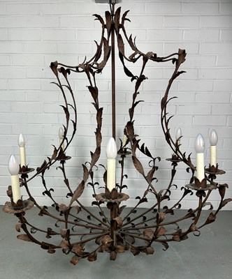 Lot 505 - A LARGE TEN ARM WROUGHT IRON CHANDELIER OF...