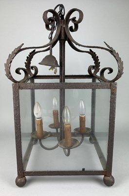 Lot 535 - AN ORNATE ANTIQUE CAST METAL HANGING LANTERN,...