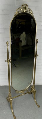 Lot 542 - A TALL BRASS CHEVAL MIRROR, 162cm h x 54cm w