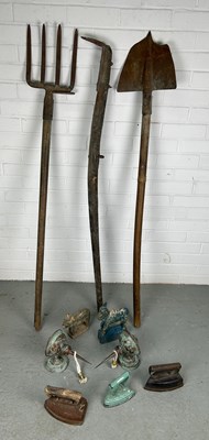 Lot 554 - THREE LARGE ANTIQUE FARMING TOOLS ALONG WITH...