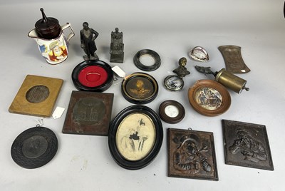 Lot 243 - AN INTERESTING COLLECTION OF ANTIQUE ROUNDELS, METAL FIGURES, PAINTED CONCH SHELL (QTY)