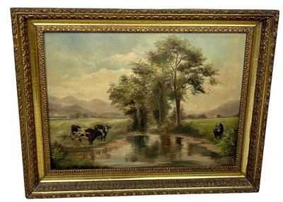 Lot 445 - A NAIVE OIL PAINTING ON CANVAS DEPICTING COWS IN A FIELD BESIDE A STREAM