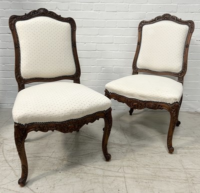 Lot 620 - A PAIR OF FRENCH WALNUT SALON CHAIRS, POSSIBLY 19TH CENTURY