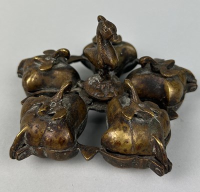 Lot 19 - A CHINESE BRONZE PEACOCK SPICE DISH WITH FIVE...