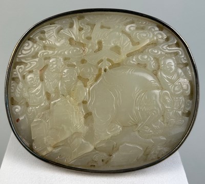 Lot 32 - AN 18TH CENTURY CHINESE CARVED JADE PLAQUE...