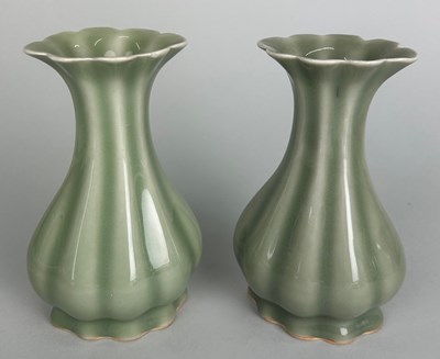 Lot 48 - A PAIR OF CELADON YUHUCHUN SHAPED VASES,...