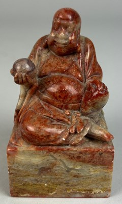 Lot 87 - A CHINESE SOAPSTONE FIGURE OF A SEATED BUDDHA,...