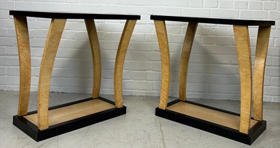 Lot 652 - A PAIR OF ART DECO STYLE BIEDERMEIER OR BIRDS EYE MAPLE CONSOLE TABLES