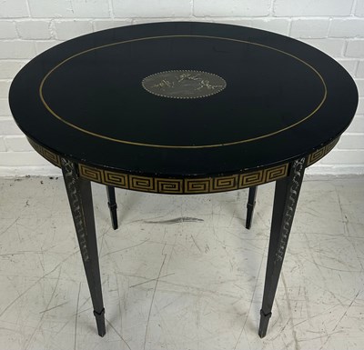 Lot 656 - A CLASSICAL DESIGN EBONISED OVAL CONSOLE TABLE DECORATED WITH GREEK KEY BORDER