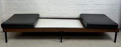 Lot 668 - A MID CENTURY TEAK GERMAN BENCH WITH BLACK LEATHER SEAT