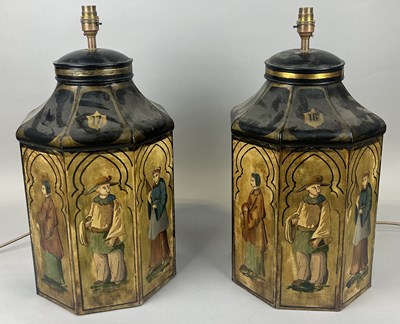 Lot 722 - A PAIR OF PAINTED TOLEWARE TABLE LAMPS PAINTED WITH FIGURES