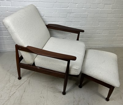 Lot 649 - GUY ROGERS: A CHAIR AND FOOTSTOOL UPHOLSTERED IN BOUCLE FABRIC (2)