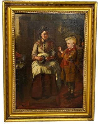 Lot 400 - ATTRIBUTED TO G.BARNY: AN OIL PAINTING ON CANVAS DEPICTING A BOY THREADING A NEEDLE WITH A SEATED LADY, KNITTING