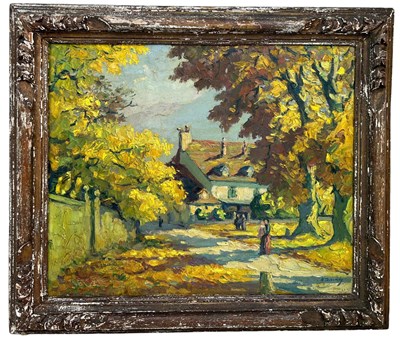 Lot 379 - N. DAVIDS (FRENCH): AN OIL PAINTING ON CANVAS DEPICTING AN AUTUMNAL SCENE WITH FIGURES WALKING ON A PATH WITH TREES AND A HOUSE IN THE BACKGROUND