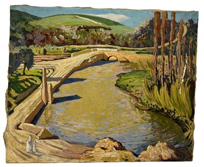 Lot 380 - NORMAN LLOYD (AUSTRALIAN-BRITISH 1894-1983): AN OIL PAINTING ON CANVAS DEPICTING A RIVER WITH A BRIDGE