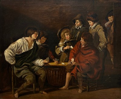 Lot 419A - FOLLOWER OF THE BROTHERS LE NAIN (ANTOINE LE NAIN, LOUIS LE NAIN FRENCH FIRST HALF 17TH CENTURY): A 19YH CENTURY OIL PAINTING ON BOARD 'THE YOUNG CARD PLAYERS'