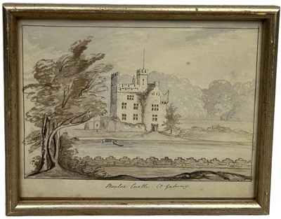 Lot 549A - A 19TH CENTURY IRISH INK AND WATERCOLOUR PAINTING ON PAPER DEPICTING MENDOE CASTLE IN COUNTY GALWAY