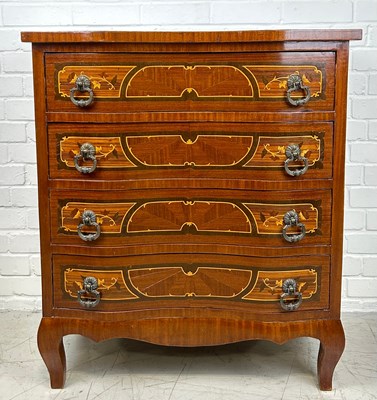 Lot 662A - AN ITALIAN MARQUETRY INLAID SERPENTINE CHEST OF DRAWERS