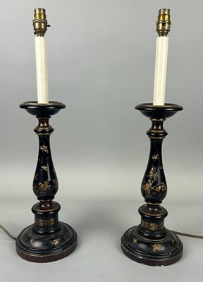 Lot 712 - A PAIR OF CHINOISERIE TABLE LAMPS PAINTED WITH BUTTERFLIES