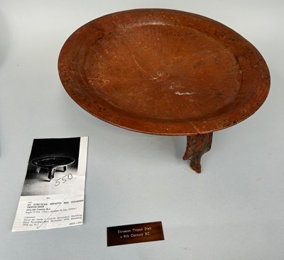 Lot 9 - AN ETRUSCAN IMPASTO RED POLISHED TRIPOD DISH...