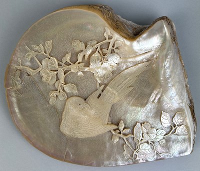 Lot 73 - A CHINESE MOTHER OF PEARL CARVING WITH A BIRD,...