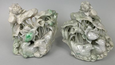 Lot 95 - A PAIR OF CHINESE CARVED JADE GROUPS DEPICTING...