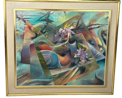 Lot 238 - AN ABSTRACT OIL ON CANVAS PAINTING, 

69cm x...