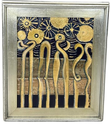 Lot 244 - A MIXED MEDIA PAINTING WITH GOLD LEAF ON...