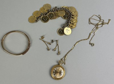 Lot 201 - A GOLD TONE METAL BRACELET WITH 1930'S FARTHINGS ALONG WITH AN ATLANTA GENEVE POCKET WATCH, 9CT GOLD BRACELET WITH METAL CORE, PAIR OF YELLOW METAL EARRINGS (4)