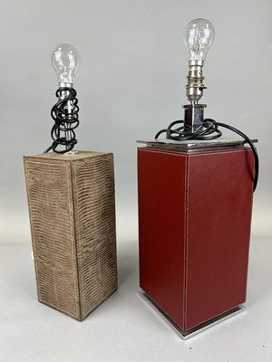 Lot 708 - TWO DESIGNER TABLE LAMPS, FAUX SNAKE SKIN AND RED LEATHER