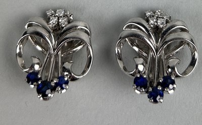 Lot 26 - A PAIR OF 18CT WHITE GOLD EARRINGS SET WITH SMALL DIAMONDS AND SAPPHIRES