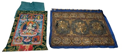 Lot 297 - A TIBETAN THANGKA ALONG WITH AN EMBROIDERED...