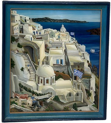 Lot 342 - A GREEK OIL ON BOARD PAINTING OF SANTORINI...