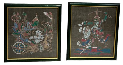 Lot 350 - A PAIR OF THAI PAINTINGS ON SILK DEPICTING WAR...