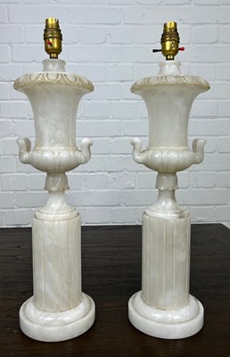 Lot 14 - A PAIR OF ALABASTER URN ON PEDESTAL TABLE...