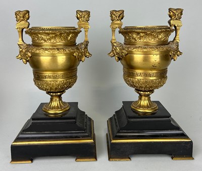 Lot 24 - A PAIR OF CLASSICAL GILT BRONZE URNS, 

28cm x...