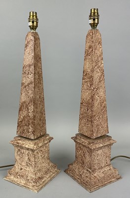 Lot 718 - A PAIR OF GRAND TOUR FAUX MARBLE OBELISK TABLE LAMPS