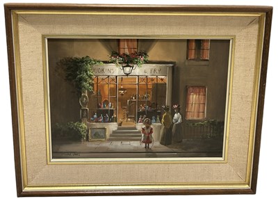 Lot 895 - DEBORAH JONES (1921-2012): AN OIL PAINTING ON CANVAS DEPICTING JUDKINS AND FRY ANTIQUE SHOP