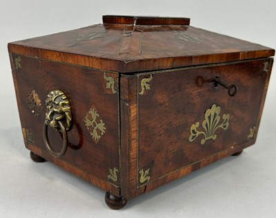 Lot 30 - A REGENCY PERIOD BOX WITH BRASS INLAY AND LION...