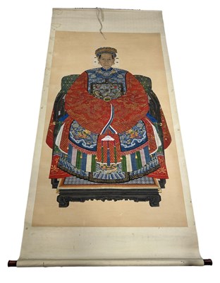 Lot 42 - A 19TH CENTURY CHINESE ANCESTRAL PORTRAIT ON...