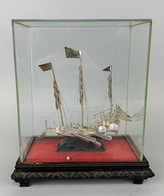 Lot 141 - A CHINESE SILVER JUNK SHIP IN PERSPEX CASE,...