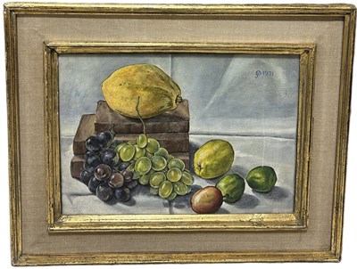 Lot 841 - A 1970'S OIL PAINTING ON CANVAS DEPICTING A STILL LIFE WITH FRUIT