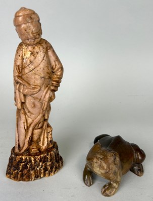 Lot 186 - A CHINESE SOAPSTONE FIGURE ALONG WITH A JADE...